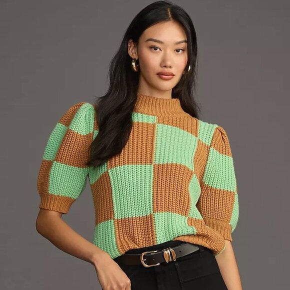 ENGLISH FACTORY (ANTHRO) MAXI CHECK, PUFFY SHORT SLEEVE, CHUNKY GUAGE SWEATER - Picture 1 of 5